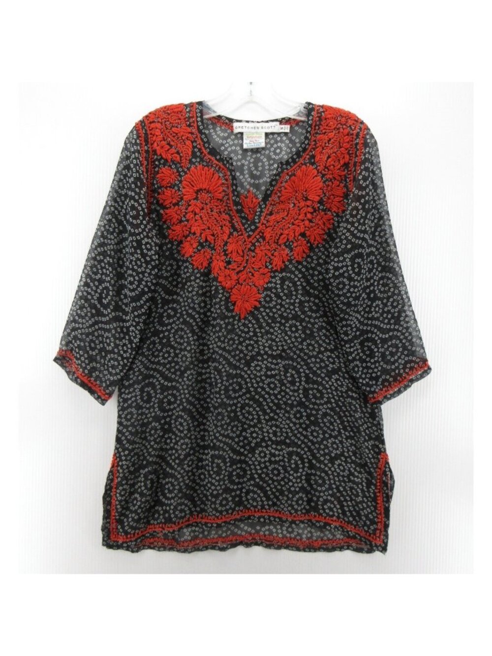 Gretchen Scott Top Small Blouse Embroidered Sheer Bandhani Print